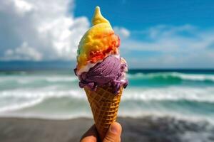 ai generado mano participación hielo crema en el antecedentes de el playa foto