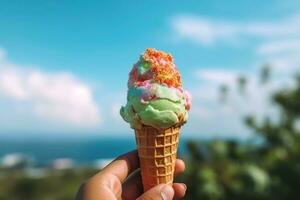 ai generado mano participación hielo crema en el antecedentes de el playa foto