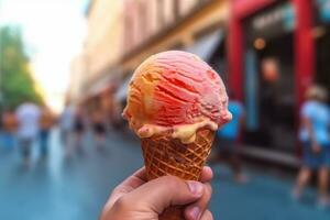 AI generated Hand holding ice cream on the background of a European city photo