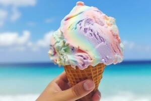 AI generated Hand holding ice cream on the background of the beach photo