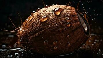 AI generated Close-up of coconut with water drops on dark background. Fruit wallpaper photo