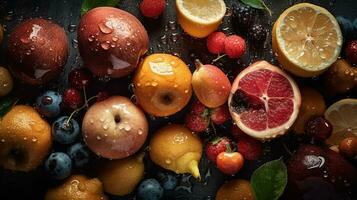 ai generado de cerca de Fresco frutas con agua gotas en oscuro antecedentes. sano comida concepto foto