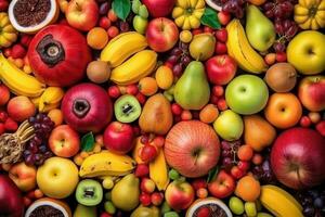 ai generado Fresco tropical frutas como antecedentes. parte superior ver de natural frutas, lleno pantalla imagen foto