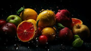 AI generated Close-up of fresh fruits with water drops on dark background. Healthy food concept photo