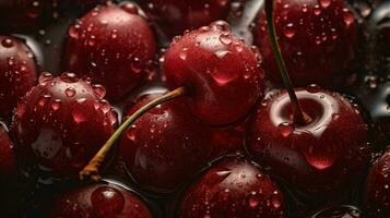 AI generated Close-up of cherries with water drops on dark background. Fruit wallpaper photo