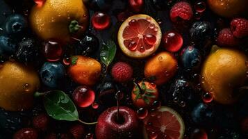 ai generado de cerca de Fresco frutas con agua gotas en oscuro antecedentes. sano comida concepto foto