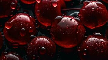 ai generado de cerca de cerezas con agua gotas en oscuro antecedentes. Fruta fondo de pantalla foto