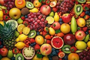 AI generated Fresh fruits as background. Top view of natural fruits, full screen image photo