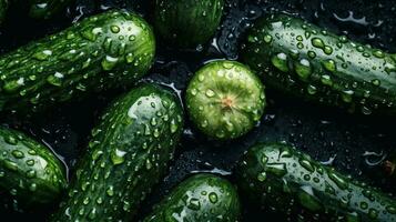 ai generado de cerca de pepinos con agua gotas en oscuro antecedentes. vegetal fondo de pantalla foto