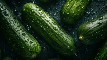 AI generated Close-up of cucumbers with water drops on dark background. Vegetable wallpaper photo