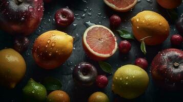 ai generado de cerca de Fresco frutas con agua gotas en oscuro antecedentes. sano comida concepto foto