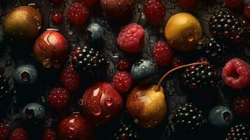 ai generado de cerca de Fresco frutas con agua gotas en oscuro antecedentes. sano comida concepto foto