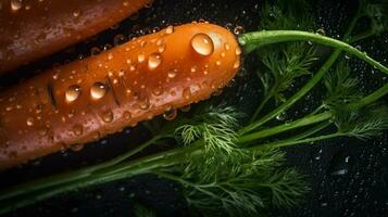 AI generated Close-up of carrots with water drops on dark background. Vegetable wallpaper photo