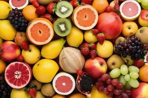 AI generated Fresh tropical fruits as background. Top view of natural fruits, full screen image photo