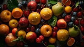 ai generado de cerca de Fresco frutas con agua gotas en oscuro antecedentes. sano comida concepto foto