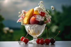 ai generado hielo crema decorado con frutas y flores en el verano antecedentes foto