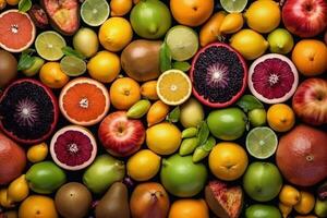 ai generado Fresco frutas como antecedentes. parte superior ver de natural frutas, lleno pantalla imagen foto