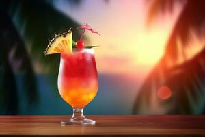 AI generated Fresh juice cocktail on the table against beach background photo