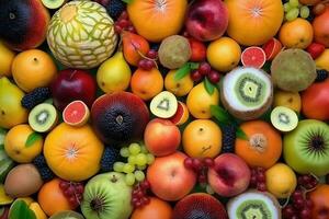 ai generado Fresco tropical frutas como antecedentes. parte superior ver de natural frutas, lleno pantalla imagen foto