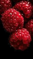 AI generated Close-up of raspberries with water drops on dark background. Fruit wallpaper photo