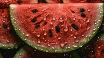 ai generado de cerca de sandía con agua gotas en oscuro antecedentes. Fruta fondo de pantalla foto