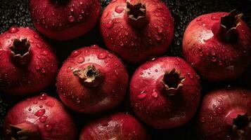 ai generado de cerca de granadas con agua gotas en oscuro antecedentes. Fruta fondo de pantalla foto