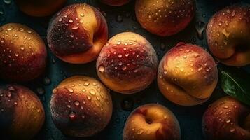 AI generated Close-up of peaches with water drops on dark background. Fruit wallpaper photo