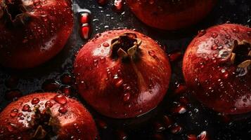 AI generated Close-up of pomegranates with water drops on dark background. Fruit wallpaper photo