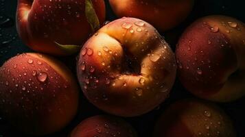 ai generado de cerca de duraznos con agua gotas en oscuro antecedentes. Fruta fondo de pantalla foto