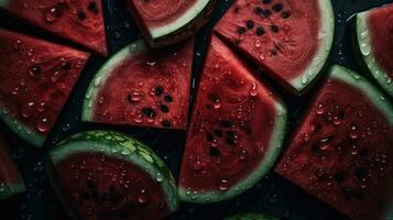 ai generado de cerca de sandía con agua gotas en oscuro antecedentes. Fruta fondo de pantalla foto