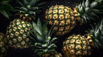 AI generated Close-up of pineapples with water drops on dark background. Fruit wallpaper photo