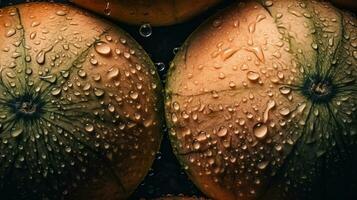 ai generado de cerca de melones con agua gotas en oscuro antecedentes. Fruta fondo de pantalla foto