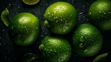 AI generated Close-up of limes with water drops on dark background. Fruit wallpaper photo