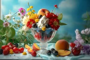 AI generated Ice cream decorated with fruits and flowers on the summer background photo