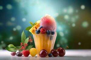 AI generated Ice cream decorated with fruits on the summer background photo