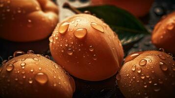 AI generated Close-up of apricots with water drops on dark background. Fruit wallpaper photo