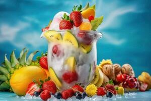ai generado hielo crema decorado con frutas en el verano antecedentes foto