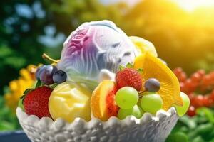 AI generated Ice cream decorated with fruits on the summer background photo