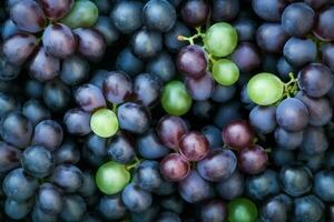 AI generated Black grapes as background. Top view of natural grape, full screen image photo