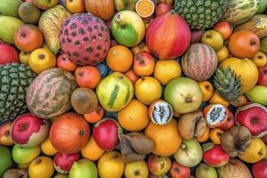 ai generado Fresco tropical frutas como antecedentes. parte superior ver de natural frutas, lleno pantalla imagen foto