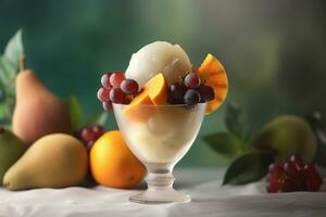 ai generado hielo crema decorado con frutas en el verano antecedentes foto