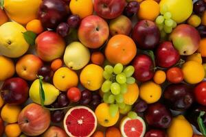 AI generated Fresh tropical fruits as background. Top view of natural fruits, full screen image photo