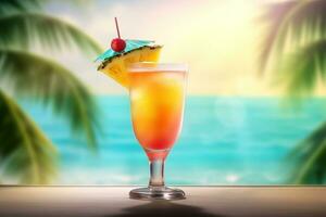 AI generated Fresh juice cocktail on the table against beach background photo