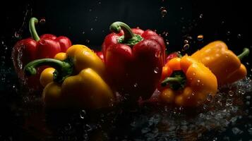 ai generado de cerca de campana pimientos con agua gotas en oscuro antecedentes. vegetal fondo de pantalla foto