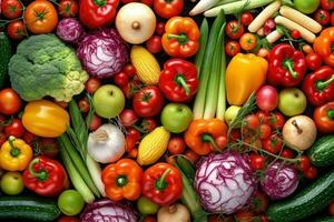 AI generated Fresh ripe vegetables as background. Top view of natural vegetables, full screen image photo