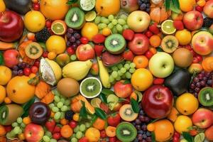 AI generated Fresh fruits as background. Top view of natural fruits, full screen image photo