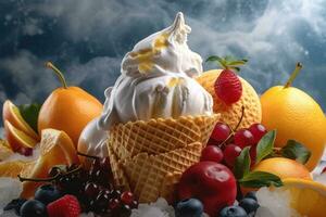 AI generated Ice cream decorated with fruits on the summer background photo