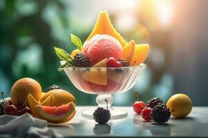 AI generated Ice cream decorated with fruits on the summer background photo