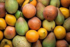 ai generado Fresco tropical frutas como antecedentes. parte superior ver de natural frutas, lleno pantalla imagen foto