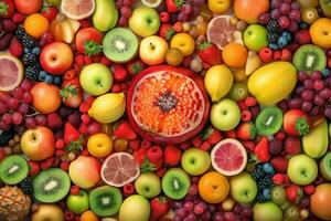 ai generado Fresco frutas como antecedentes. parte superior ver de natural frutas, lleno pantalla imagen foto